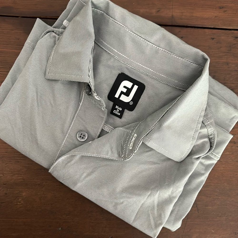Men’s golf shirt. FJ brand. Size M. Charcoal gray/white pinstriped.